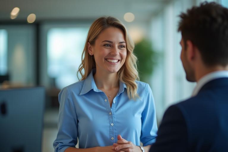 A professional customer service representative smiling while assisting a client, emphasizing helpfulness and trust.